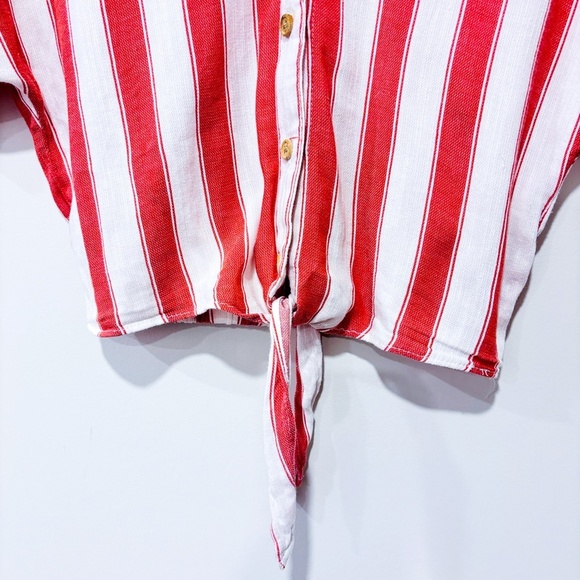 GARAGE Red White Striped Cropped Button Down Tie Front Summer Shirt | X-Small* - Picture 4 of 6